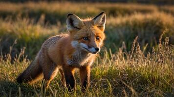 A close-up of a red fox in a grassy field during golden hour light. photo