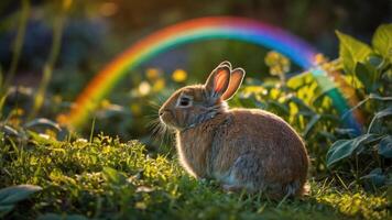 A serene rabbit sits in a grassy field with a rainbow in the background. photo