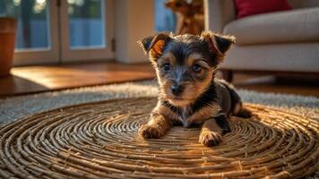 A small, adorable dog lying on a woven mat with soft sunlight illuminating the scene. photo