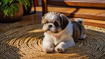 A cute Shih Tzu puppy lying on a woven mat in a cozy indoor setting. photo