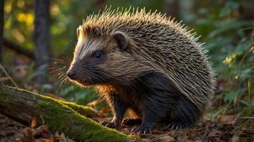 A close-up of a porcupine in a forest setting, showcasing its quills and natural habitat. photo