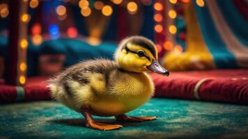 A cute duckling stands on a colorful surface with festive lights in the background. photo