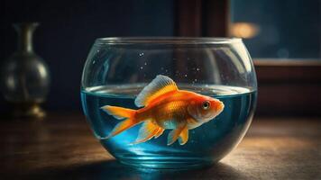 A goldfish swims in a clear bowl filled with water, set against a softly lit background. photo