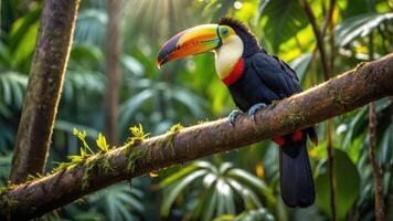 A vibrant toucan perched on a mossy branch in a lush tropical forest. photo