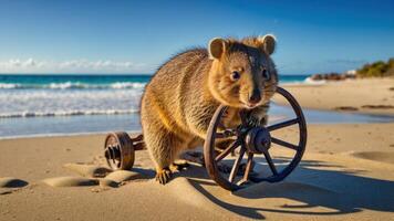 A quokka playfully interacting with a wheel on a beach, showcasing a whimsical scene. photo