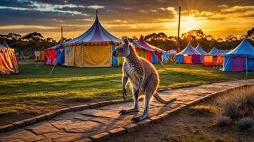 A kangaroo walks along a path near colorful tents at sunset in a scenic outdoor setting. photo