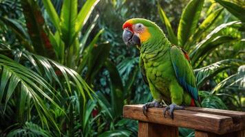 A vibrant green parrot perched on a wooden railing amidst lush tropical foliage. photo