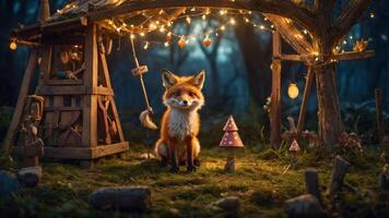 A whimsical fox sits in a magical forest setting adorned with lights and decorations. photo