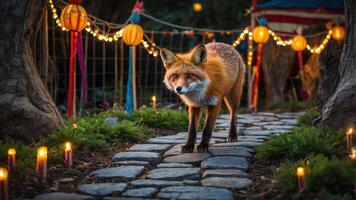 A fox walks along a cobblestone path adorned with lanterns and candles in a festive setting. photo