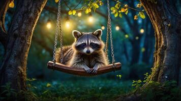 A raccoon relaxes on a swing under string lights in a serene, wooded setting. photo