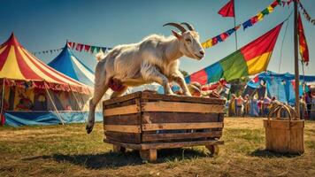 A goat jumps over a wooden crate at a vibrant circus with colorful tents and flags. photo