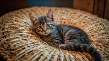 A playful kitten resting on a woven basket, showcasing its curious expression. photo