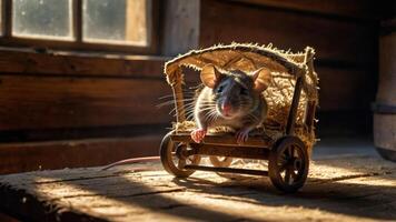 A mouse sits in a small, rustic cart made of straw and wood, illuminated by sunlight. photo