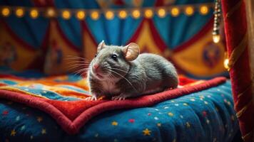 A cute gray mouse resting on a colorful, patterned surface with decorative lights in the background. photo