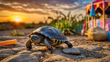 A turtle on a rocky path during sunset, with a colorful play area in the background. photo