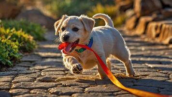 A playful puppy joyfully runs with a leash in its mouth along a cobblestone path. photo