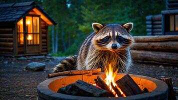A raccoon near a campfire in a forest setting with a cabin in the background. photo