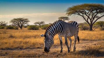 A zebra grazes in a golden grassland under a blue sky, surrounded by sparse trees. photo