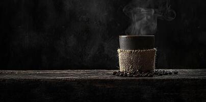 Coffee cup with steam and coffee beans on a wooden background. A cup of hot espresso or black latte, with a burlap sack on an old, rustic table photo