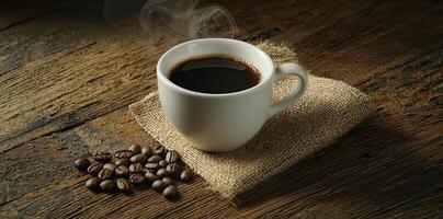 Coffee cup with steam and coffee beans on a wooden background. A cup of hot espresso or black latte, with a burlap sack on an old, rustic table photo