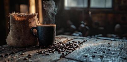 Coffee cup with steam and coffee beans on a wooden background. A cup of hot espresso or black latte, with a burlap sack on an old, rustic table photo