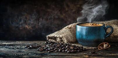 Coffee cup with steam and coffee beans on a wooden background. A cup of hot espresso or black latte, with a burlap sack on an old, rustic table photo