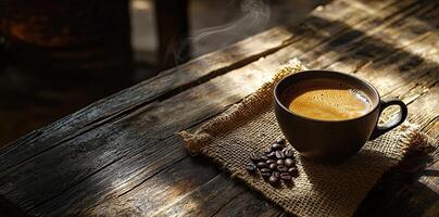 Coffee cup with steam and coffee beans on a wooden background. A cup of hot espresso or black latte, with a burlap sack on an old, rustic table photo