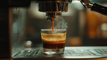 Espresso coffee pouring from an espresso machine in a bar, a closeup shot of a glass cup with a black or brown-colored crema on top of it. Blurred background of a modern cafe interior photo