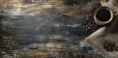 Coffee cup with steam and coffee beans on a wooden background. A cup of hot espresso or black latte, with a burlap sack on an old, rustic table photo
