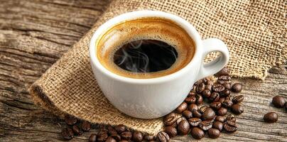 Coffee cup with steam and coffee beans on a wooden background. A cup of hot espresso or black latte, with a burlap sack on an old, rustic table photo