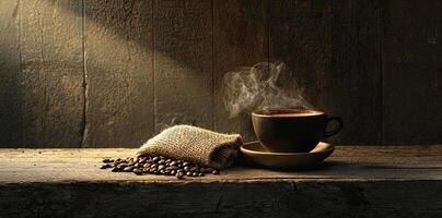 Coffee cup with steam and coffee beans on a wooden background. A cup of hot espresso or black latte, with a burlap sack on an old, rustic table photo