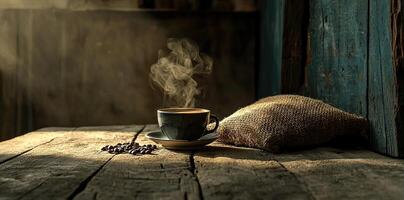 Coffee cup with steam and coffee beans on a wooden background. A cup of hot espresso or black latte, with a burlap sack on an old, rustic table photo