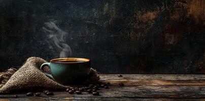 Coffee cup with steam and coffee beans on a wooden background. A cup of hot espresso or black latte, with a burlap sack on an old, rustic table photo