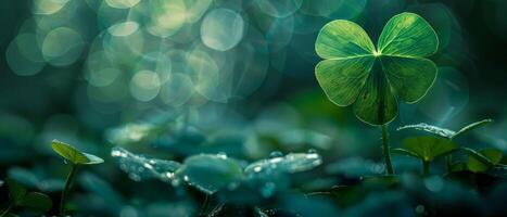 Tiny clover leaves covered with morning dew in the rays of the rising sun. photo