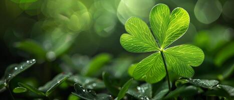 The image is a close-up of a four-leaf clover photo