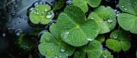 Green clover leaves with water drops close up photo