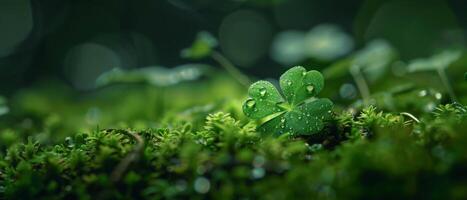 Close-up of a four-leaf clover growing in the forest with a blurred background. photo