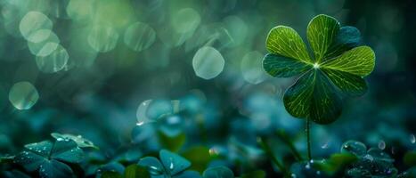 A four-leaf clover is a rare variation of the common three-leaf clover. It is considered to be a lucky charm, and is often associated with good fortune and prosperity. photo