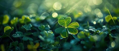 Close-up of a four-leaf clover in a field of green clovers with morning dew on the leaves. photo