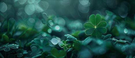 Close-up of green clover leaves with water drops on blurred background photo