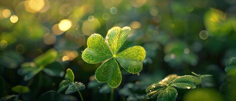 The image is a close-up of a four-leaf clover photo