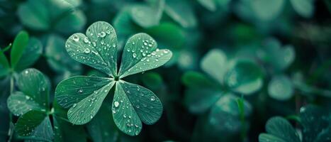 Fresh green leaves of clover with water drops closeup. photo