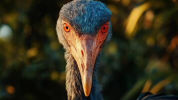 Bird with a blue beak and red eyes. The bird is looking at the camera. The image has a moody and mysterious feel to it photo