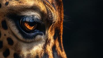 Close up of a giraffe's eye with a dark background. The eye is brown and has a yellowish tinge photo