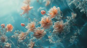 Beautiful bouquet of flowers with a blue background. The flowers are pink and white and are arranged in a way that makes them look like they are floating photo