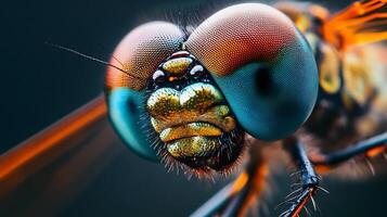 Close up of a dragonfly's face with a blue, red, and yellow pattern. The colors are vibrant and the insect's eyes are large photo