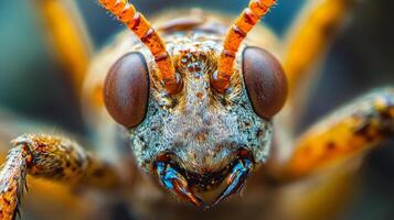 Close up of a bug's face with a brown and orange head. The bug has a large, orange eye and a long, orange antenna photo