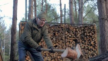 A man is chopping wood in a serene forest clearing at dawn. Stacks of split logs are arranged neatly in the background, enhancing the peaceful outdoor atmosphere. video