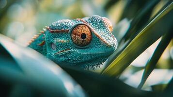 Green lizard with red eyes is peeking out from behind a leaf. The lizard is small and has a bright green color photo