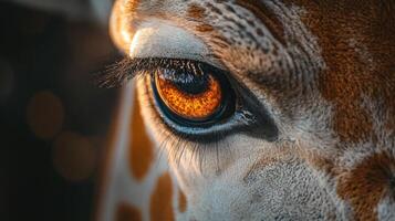 Giraffe's eye is shown in a close up. The eye is brown and has a dark pupil. The giraffe's fur is brown and white, and the eye is surrounded by a dark area photo